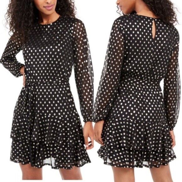 NWT City Studio Black & Metallic Gold Polka Dots Ruffled Fit & Flare Dress Black - Picture 4 of 16